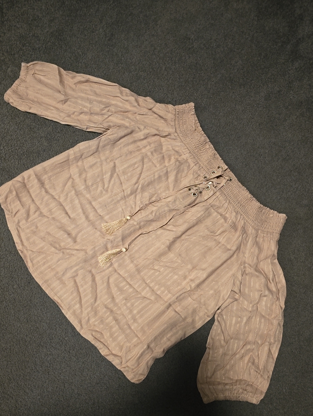 Off-Shoulder Tassel Tie Blouse in Light Taupe